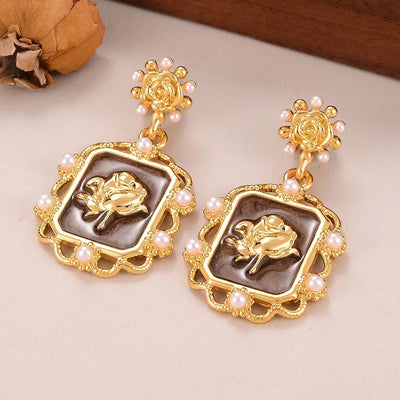 1 Pair Retro Simple Style Rose Inlay Alloy Artificial Pearls Gold Plated Drop Earrings