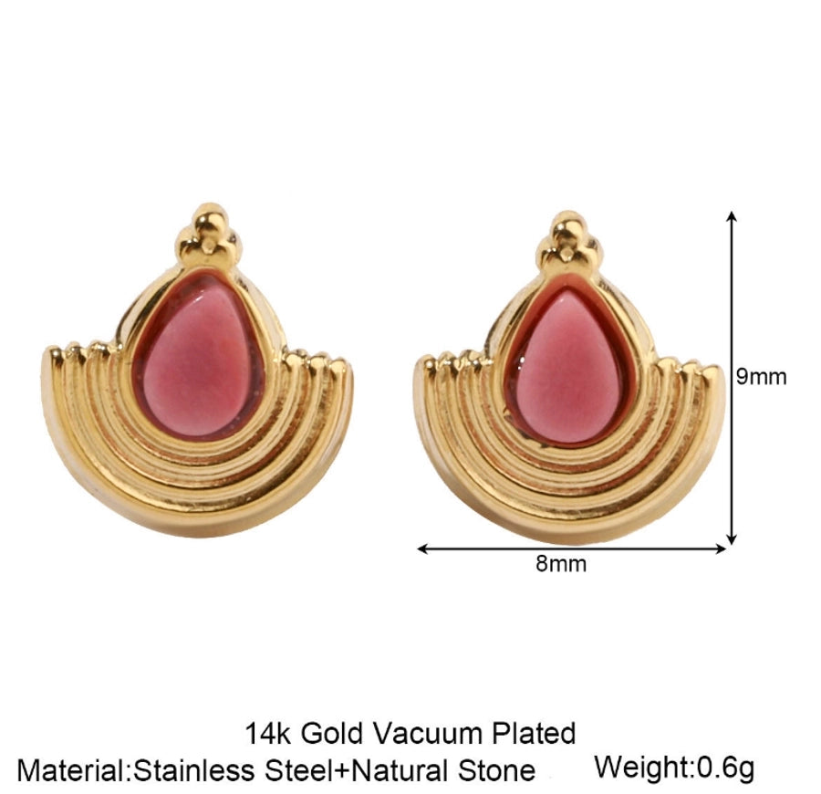 One Pack and Two Pairs Retro French Style Geometric Plating Titanium Steel Natural Stone 14K Gold Plated Ear Studs