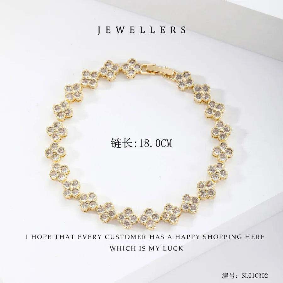 Wholesale Jewelry Elegant Classic Style Leaf Four Leaf Clover Copper Zircon Plating Bracelets Tennis Chain