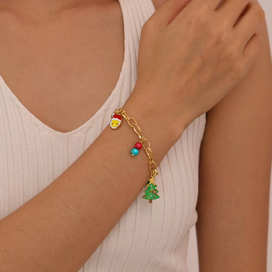 Simple Style Christmas Tree Santa Claus Christmas Socks 304 Stainless Steel cable chain Bracelets In Bulk