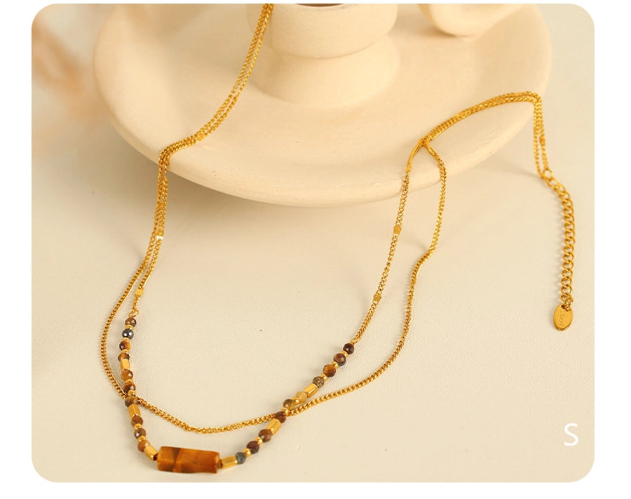 Jewelry IG Style Vintage Style Geometric 304 Stainless Steel Tiger Eye 18K Gold Plated Polishing Double Layer Necklaces