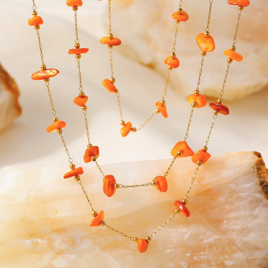 Style New Orange Natural Stone Necklace Bracelet Stainless Steel Clavicle Chain Fashion Personalized Jewelry Suit