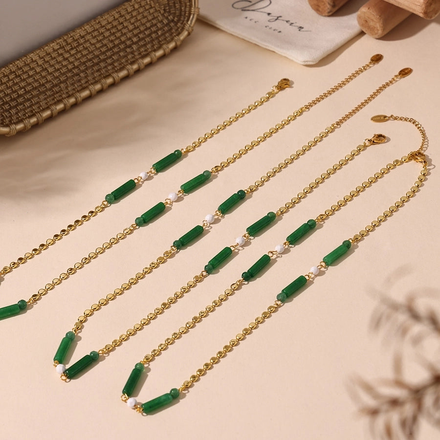 Jewelry Elegant Vacation chain 304 Stainless Steel Aventurine 18K Gold Plated Beaded Necklace