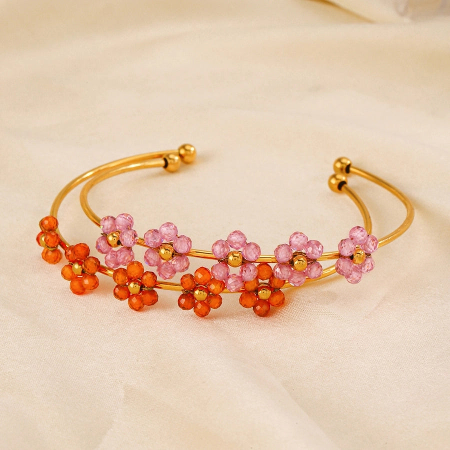 IG Style Flower 304 Stainless Steel 18K Gold Plated Zircon Bangle In Bulk