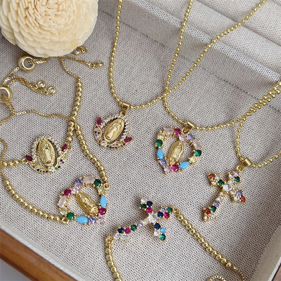 Jewelry Simple Style Classic Style Cross Virgin Mary Copper Zircon 18K Gold Plated Bracelets Necklace Jewelry Set