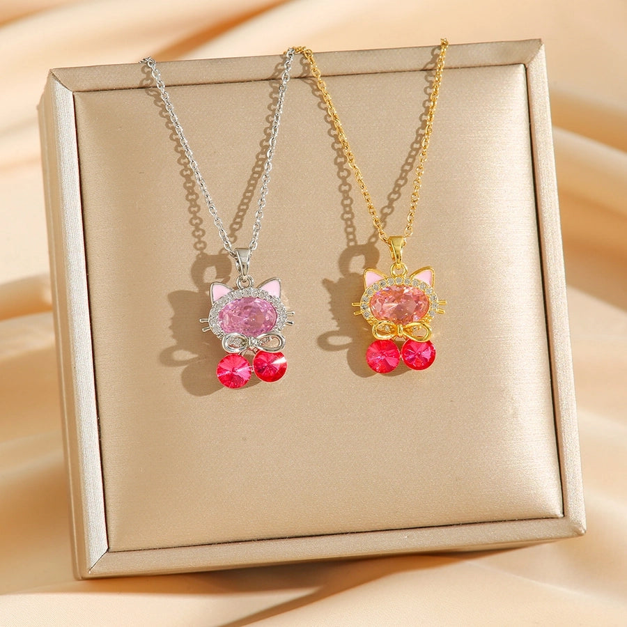 Jewelry Cute Simple Style Cartoon Cat Titanium Steel Zircon Pendant Necklace