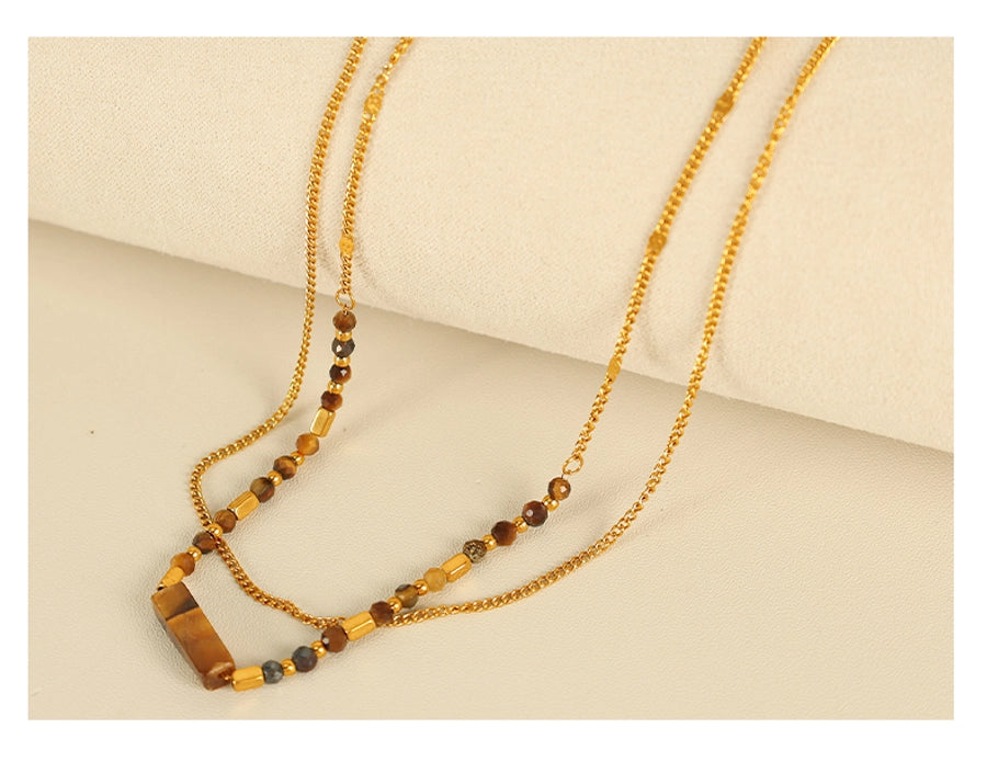 Jewelry IG Style Vintage Style Geometric 304 Stainless Steel Tiger Eye 18K Gold Plated Polishing Double Layer Necklaces