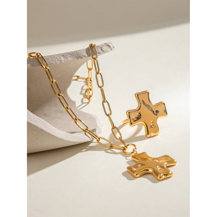 18K Gold Stainless Steel Hammer Pattern Oil Pressure Cross Pendant Clip Chain Necklace