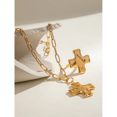 18K Gold Stainless Steel Hammer Pattern Oil Pressure Cross Pendant Clip Chain Necklace