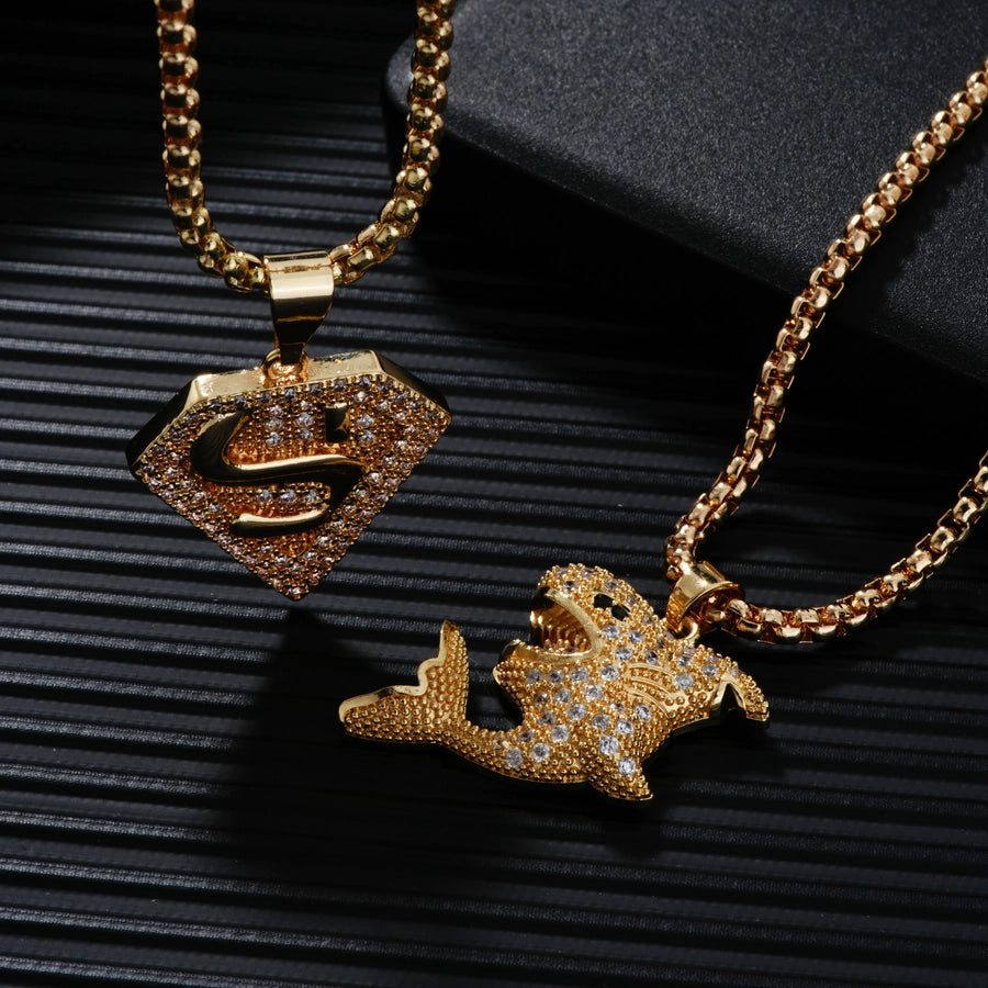 Hip-Hop Rock Shiny Shark 304 Stainless Steel Copper Inlay Zircon K Gold Plated Unisex Pendant Necklace