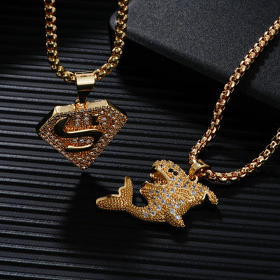 Hip-Hop Rock Shiny Shark 304 Stainless Steel Copper Inlay Zircon K Gold Plated Unisex Pendant Necklace