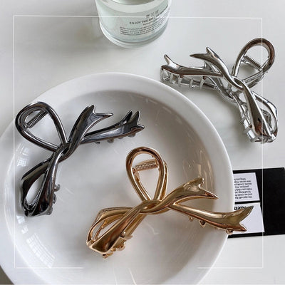 Ribbon bow hairpin for women  new back head clip shark clip high-end silver metal clip hairpin