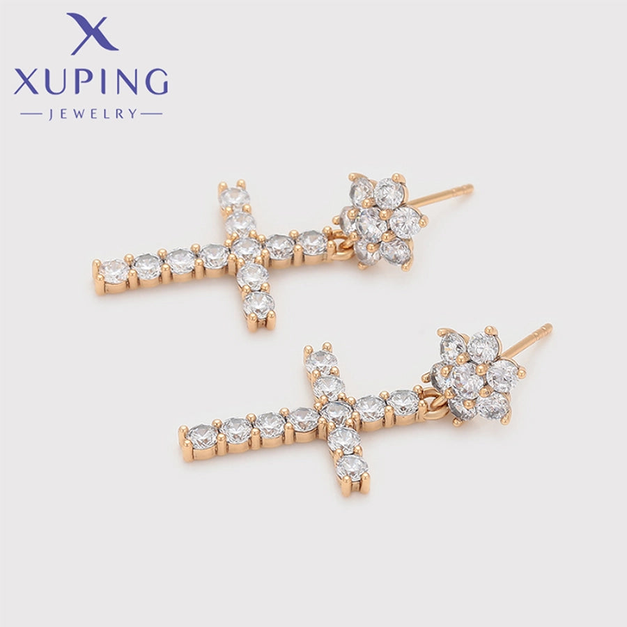 1 Pair XUPING Simple Style Shiny Cross Flower Inlay Copper Artificial Gemstones 18K Gold Plated Drop Earrings