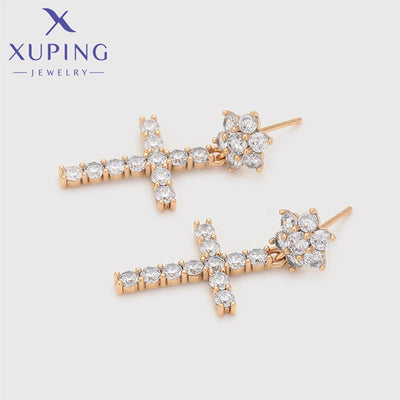 1 Pair XUPING Simple Style Shiny Cross Flower Inlay Copper Artificial Gemstones 18K Gold Plated Drop Earrings