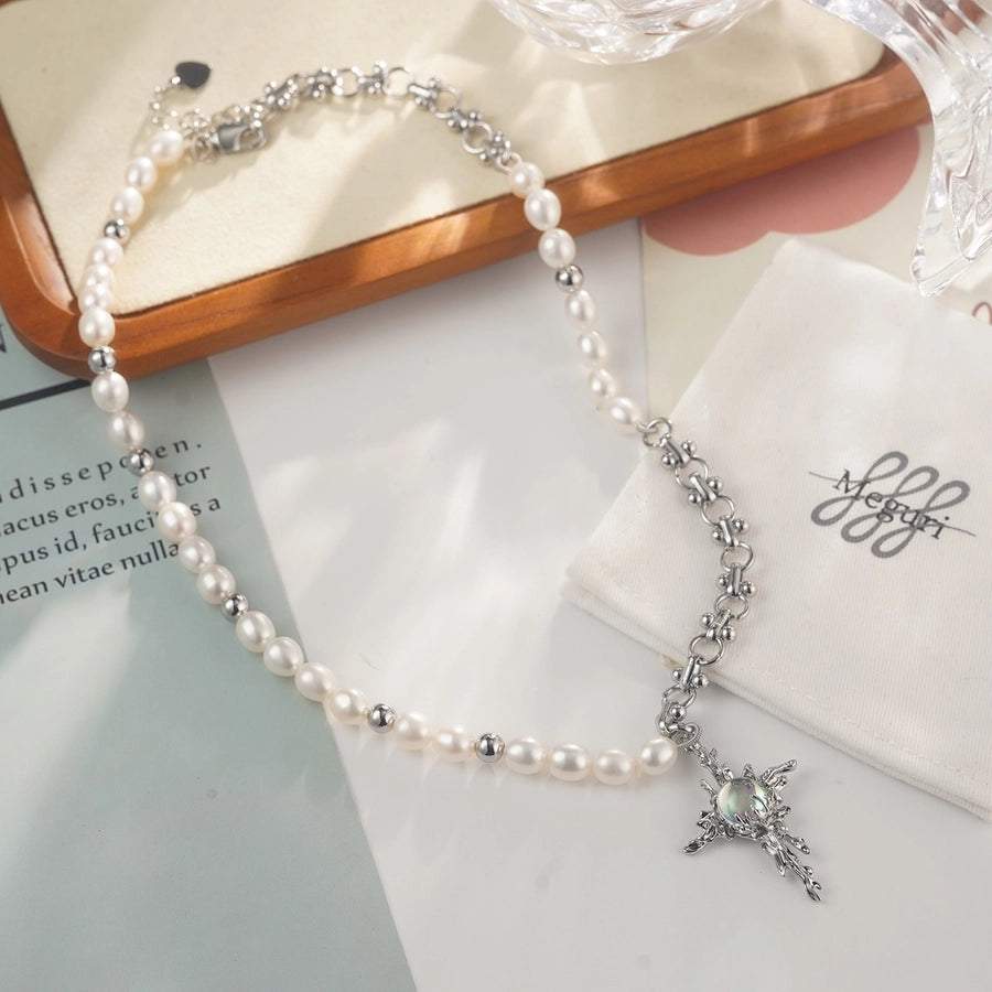 Alloy Copper White Gold Plated Four Eight-Pointed Stars Glass Pearl Zircon Necklace