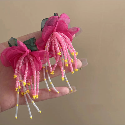 Mori chiffon flower beaded earrings female super fairy exaggerated Rose Red holiday style earrings  new popular