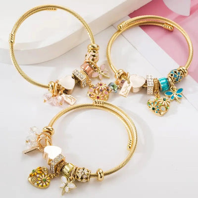 Simple Style Heart Shape Flower Dragonfly 304 Stainless Steel Zinc alloy Rhinestones Bangle In Bulk