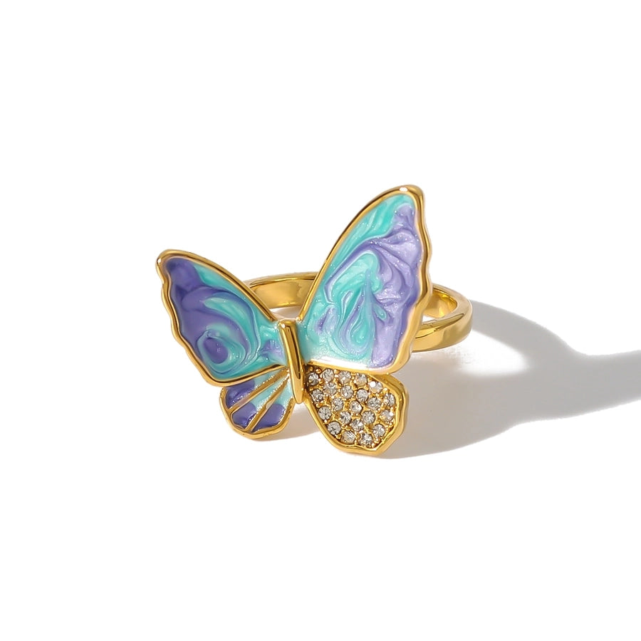 Jewelry IG Style Simple Style Butterfly 304 Stainless Steel Zircon 18K Gold Plated Enamel Inlay Rings