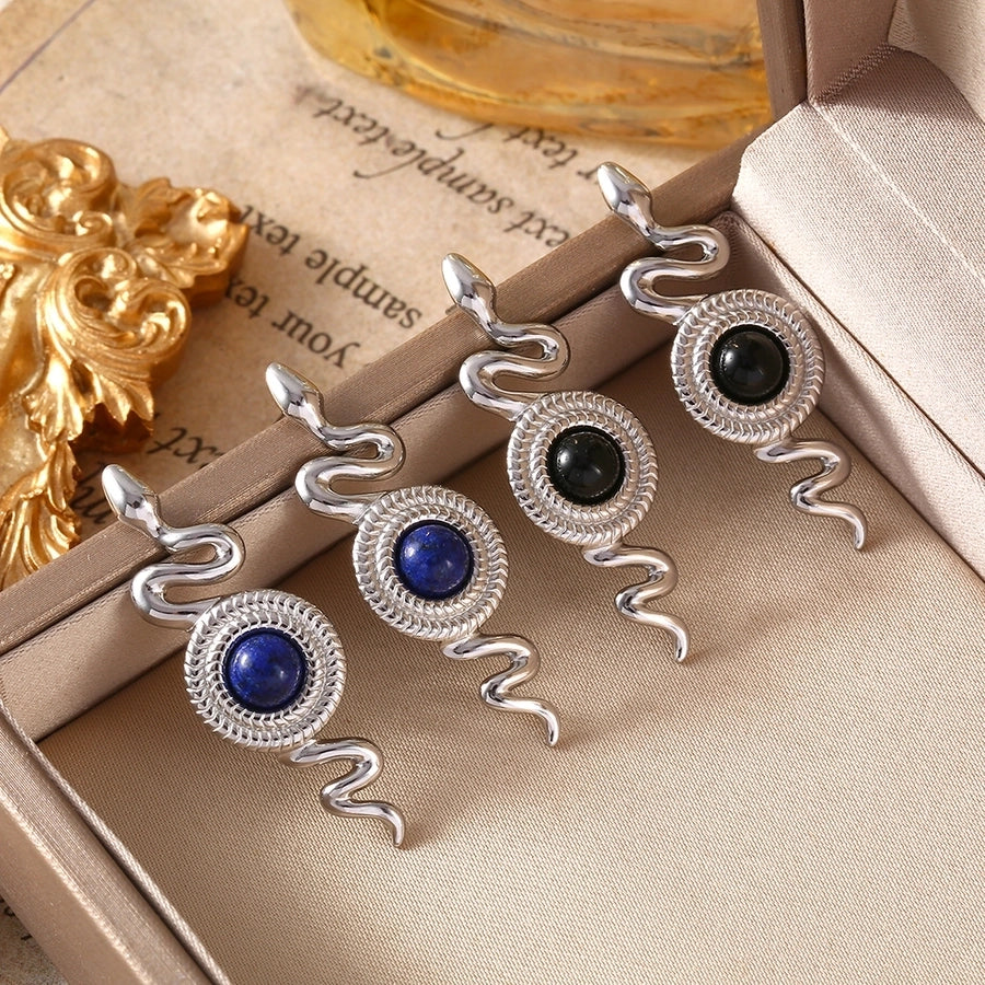 1 Pair Retro British Style Round Snake Plating Inlay 304 Stainless Steel Natural Stone Agate 18K Gold Plated Ear Studs