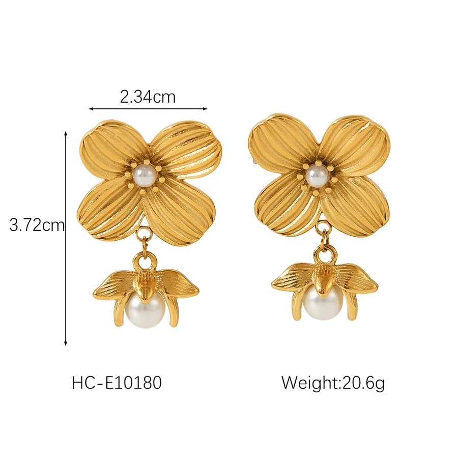1 Pair IG Style Flower Plating Inlay 304 Stainless Steel Pearl 18K Gold Plated Ear Studs