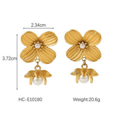 1 Pair IG Style Flower Plating Inlay 304 Stainless Steel Pearl 18K Gold Plated Ear Studs
