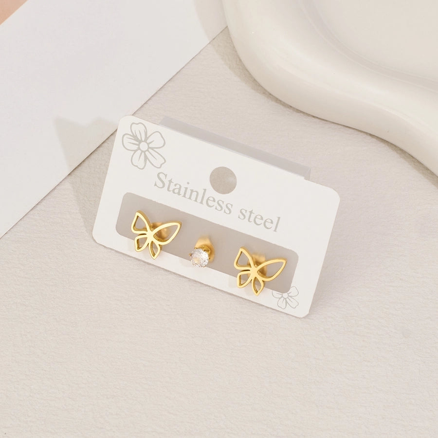 1 Set Halloween Cute Sweet Animal Cat Bat Polishing Inlay 304 Stainless Steel Zircon 18K Gold Plated Ear Studs