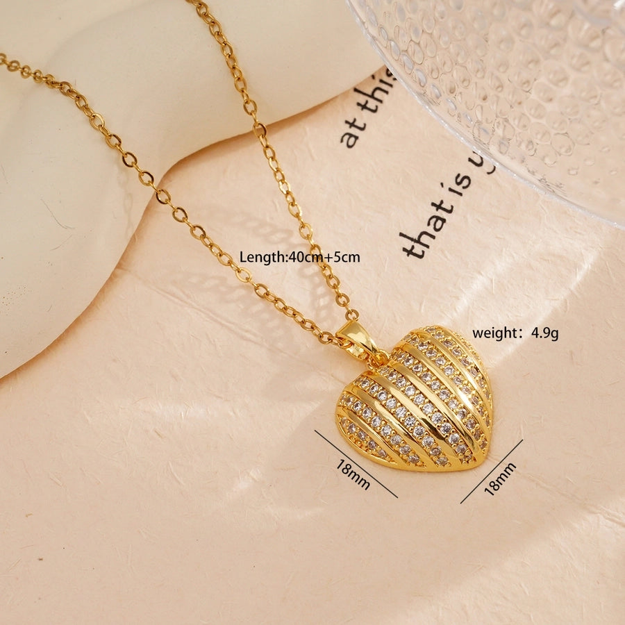 Jewelry Simple Style Heart Shape 304 Stainless Steel Copper Zircon Gold Plated Plating Inlay Pendant Necklace