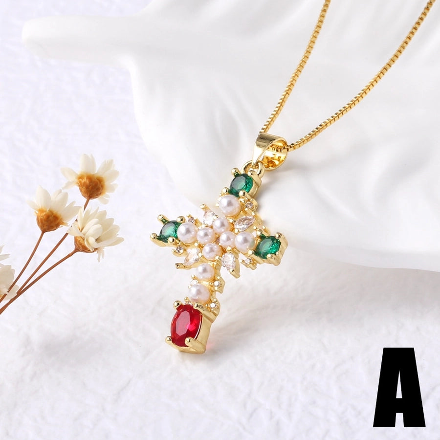 Jewelry Modern Style Simple Style Cross 201 Stainless Steel Copper Pearl Zircon 18K Gold Plated Inlay Pendant Necklace