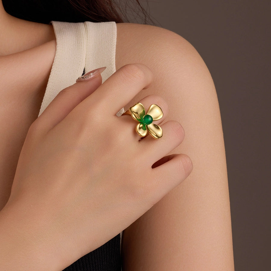 Jewelry Elegant Retro Flower 304 Stainless Steel Natural Stone Pearl Inlay Open Rings