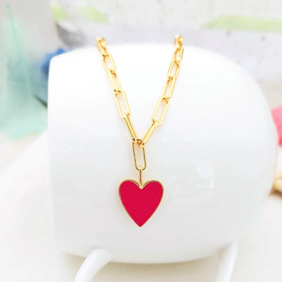 Copper Paperclip Chain Enamel Heart Shape Pendant Necklace