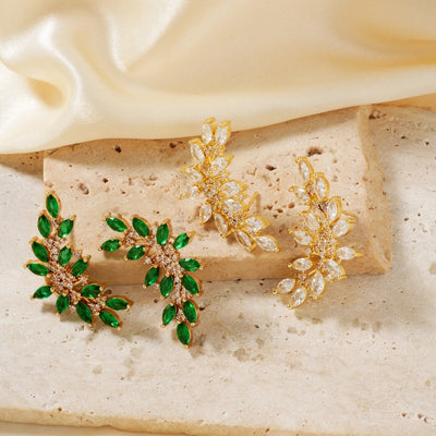 1 Pair Elegant Artistic Streetwear Leaf Asymmetrical Copper Glass Zircon K Gold Plated Rhodium Plated Ear Studs