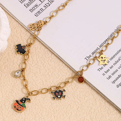 Jewelry Cartoon Style Cute Pumpkin Bat Ghost 304 Stainless Steel Rhinestones 18K Gold Plated Enamel Plating Inlay Pendant Necklace