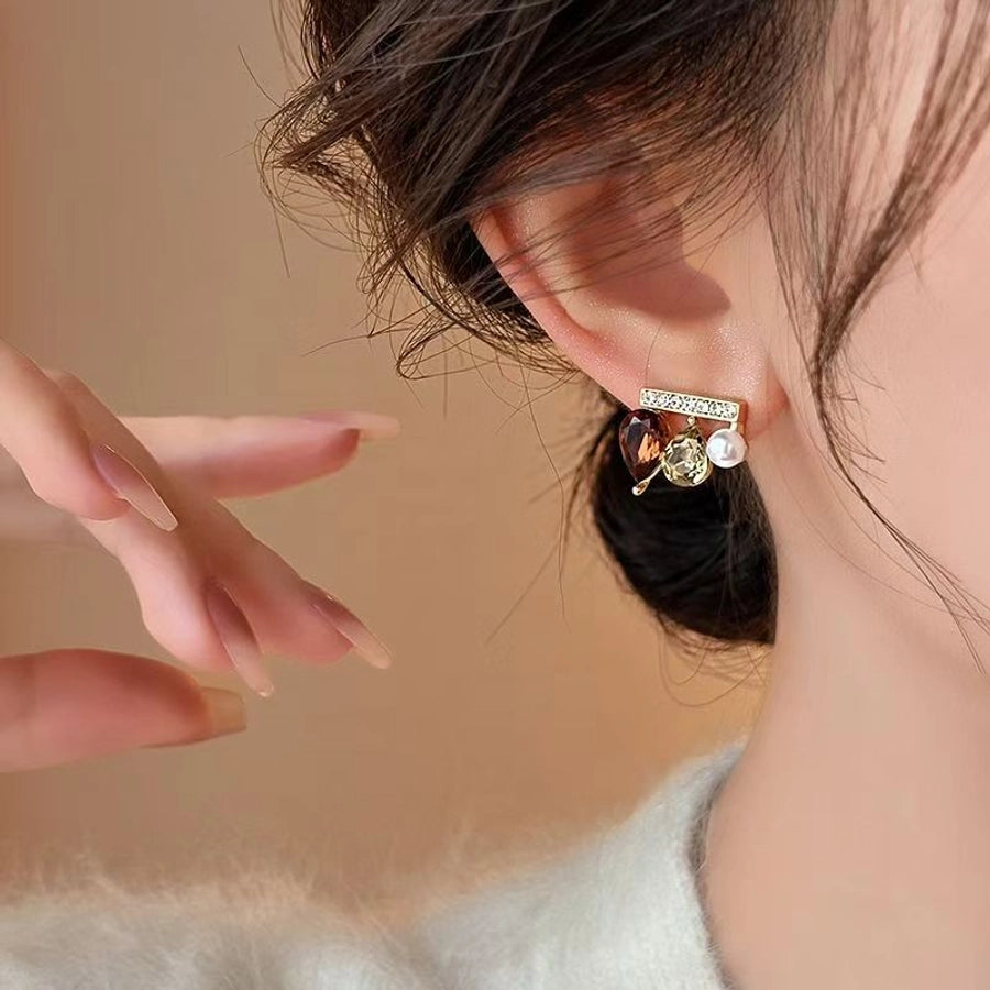 1 Pair Elegant Water Droplets Copper Artificial Gemstones Ear Studs