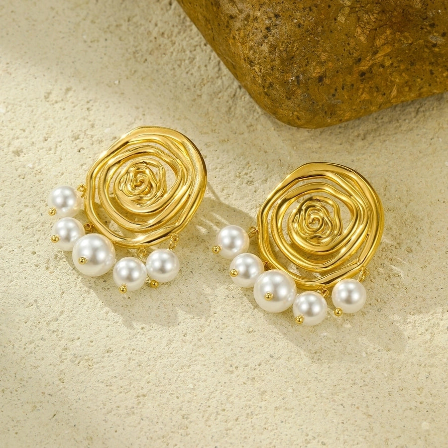 1 Pair IG Style Spiral Stripe Pearl Plating 304 Stainless Steel 18K Gold Plated Ear Studs