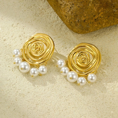 1 Pair IG Style Spiral Stripe Pearl Plating 304 Stainless Steel 18K Gold Plated Ear Studs