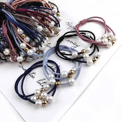 korean style three-in-one pearl hair band high elasticity simple handmade knotted hair rubber band hair rope factory
