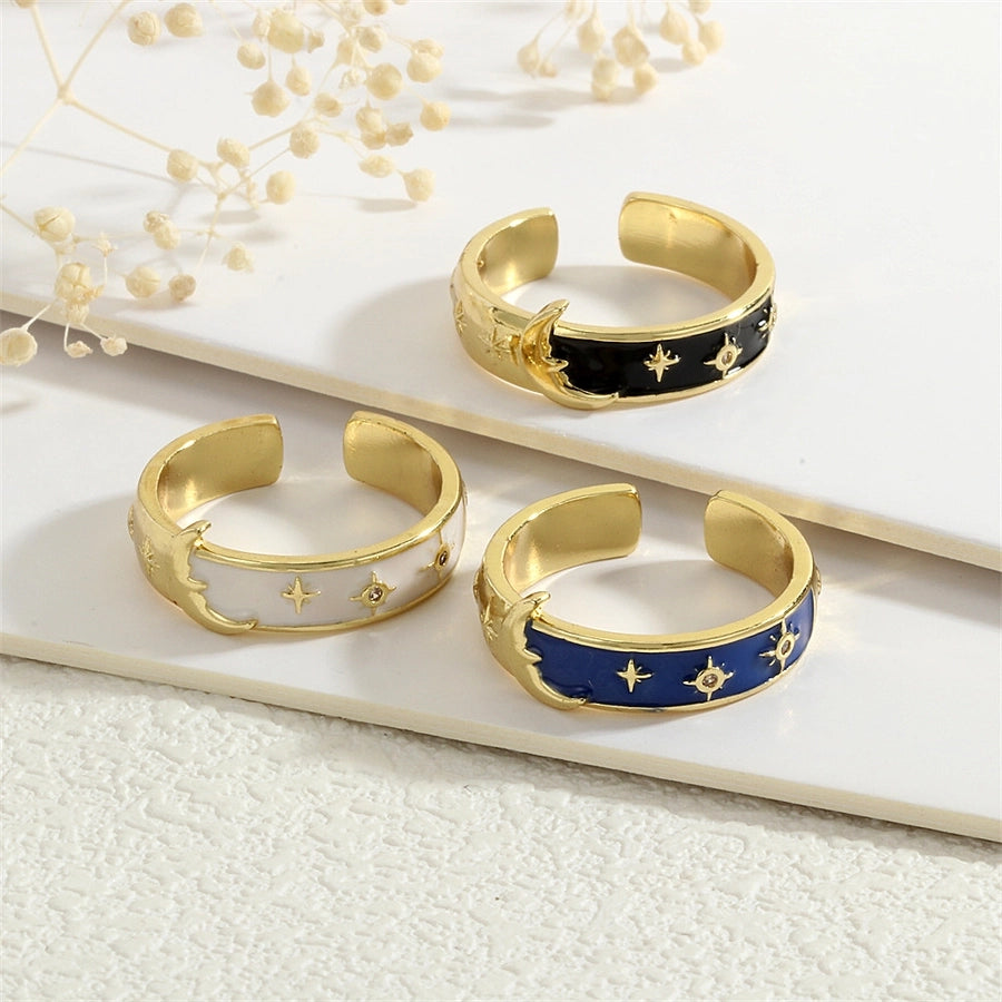 Copper Enamel Inlay Star Moon Zircon Open Rings