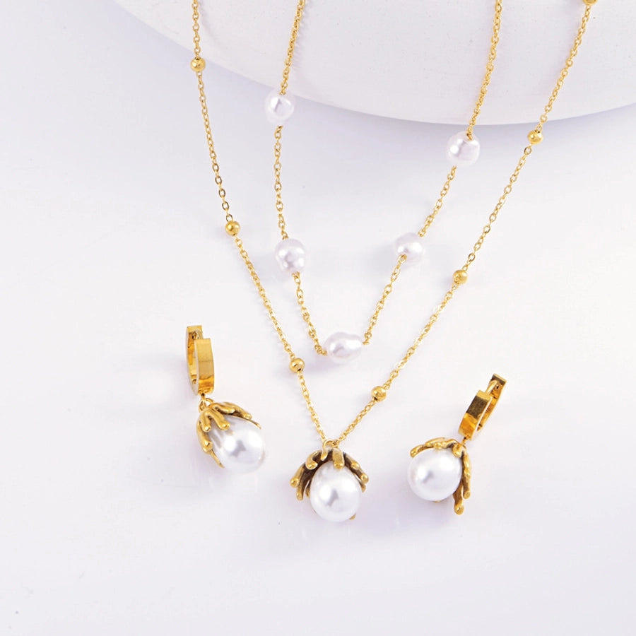 Jewelry Elegant Retro Geometric Titanium Steel Pearl Plating Inlay Earrings Necklace