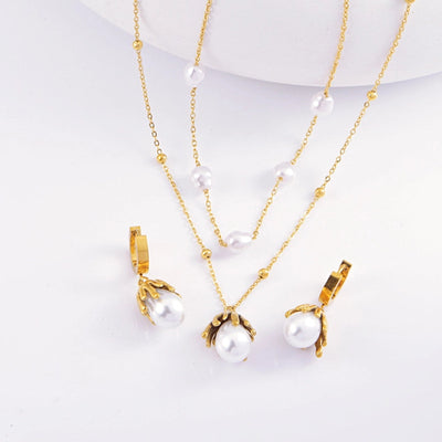 Jewelry Elegant Retro Geometric Titanium Steel Pearl Plating Inlay Earrings Necklace