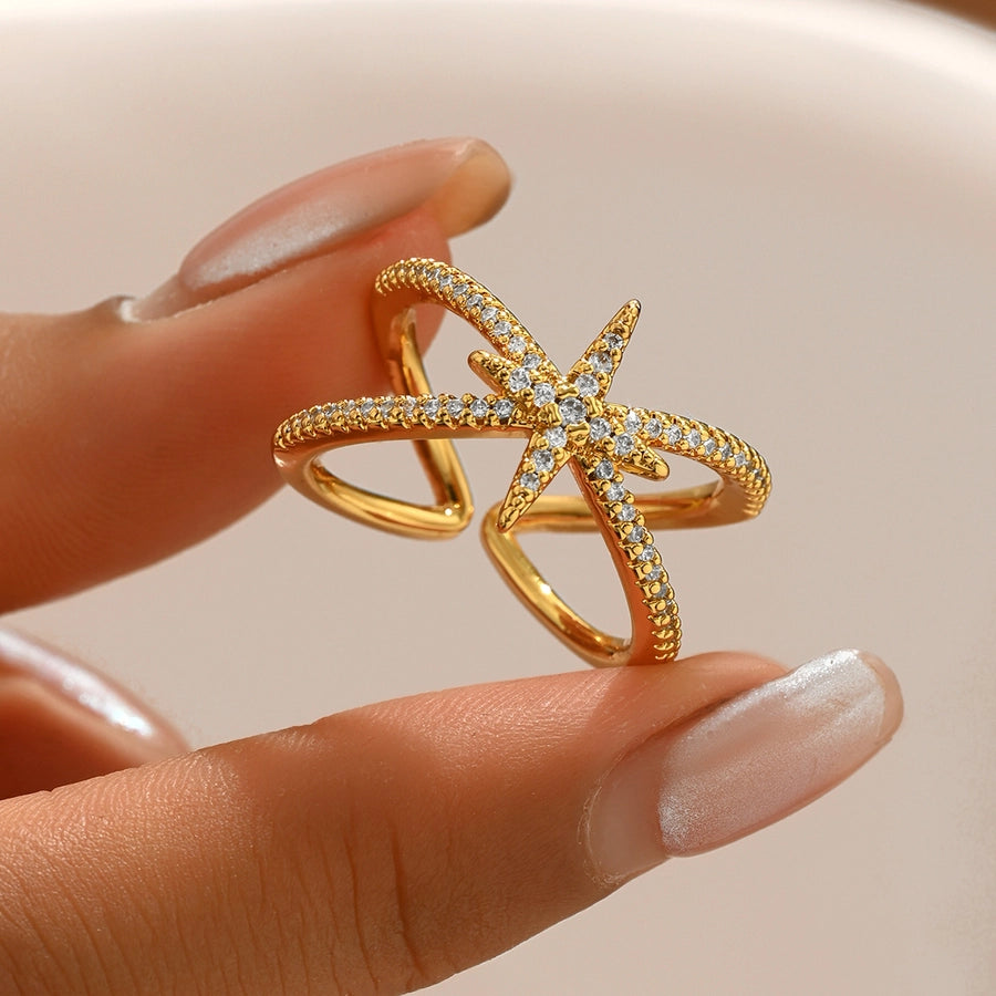 A Copper-Plated Gold Glossy Heart Inlaid Zircon Bow XINGX Sweet Light Luxury Daily Date Gift Women's Ring