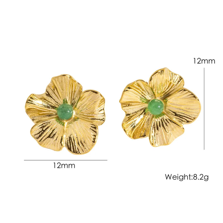 1 Pair IG Style Elegant Modern Style Flower Inlay 304 Stainless Steel Natural Stone 14K Gold Plated Ear Studs