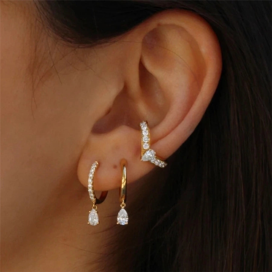 1 Pair Elegant Simple Style Geometric Copper Zircon 24K Gold Plated Drop Earrings Ear Cuffs