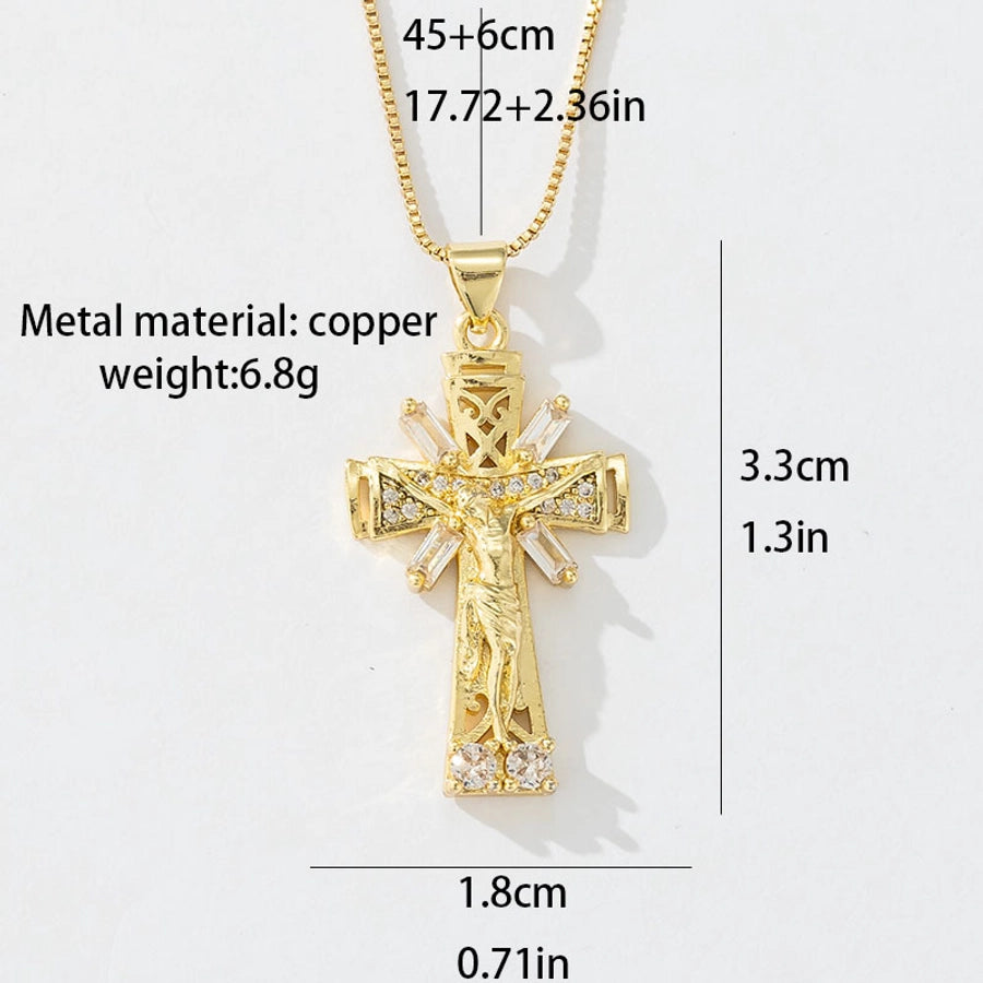 Copper box chain 18K Gold Plated Inlay Carving Cross Zircon Pendant Necklace