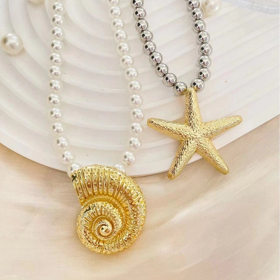 Marine Style Simple Style Starfish Conch Imitation Pearl Alloy  Pendant Necklace