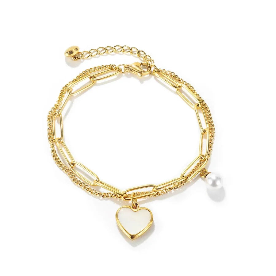 Casual Simple Style Heart Shape Titanium Steel 18K Gold Plated Artificial Pearls Shell Paperclip Chain Bracelets In Bulk