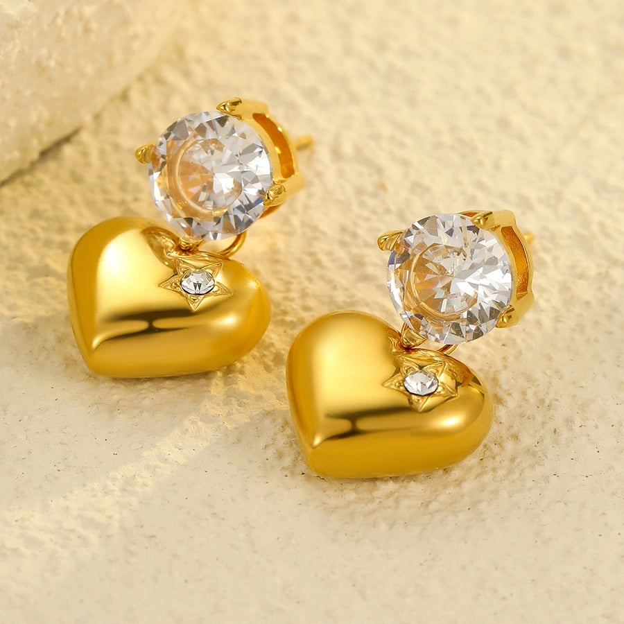 1 Pair Retro Sweet Round Heart Shape Inlay 304 Stainless Steel Zircon 18K Gold Plated Drop Earrings
