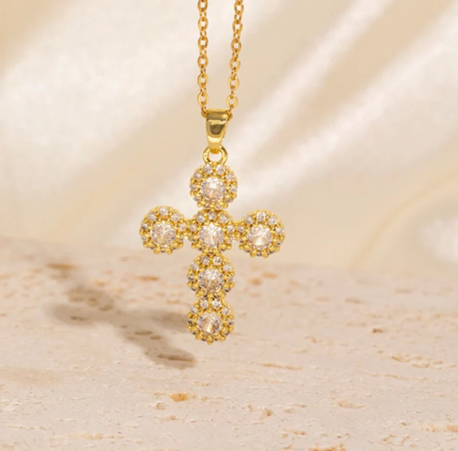 Copper Plating Cross Zircon Pendant Necklace
