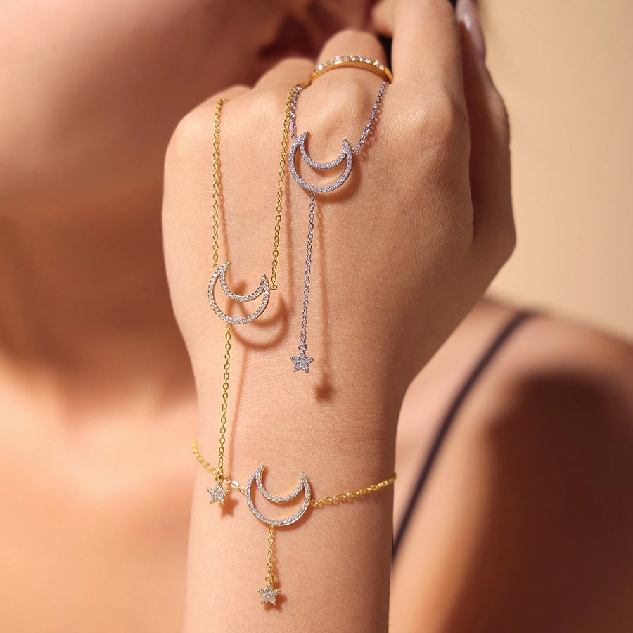 Jewelry Elegant Luxurious Vacation Moon Titanium Steel Rhinestones 18K Gold Plated Plating Jewelry Set