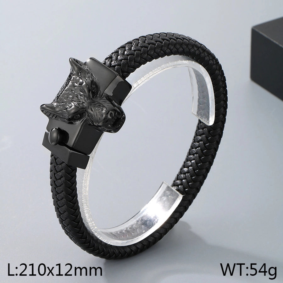 Business Lion's head Wolf Head Skull 304 Stainless Steel Leather 18K Gold Plated Men's Bracelets