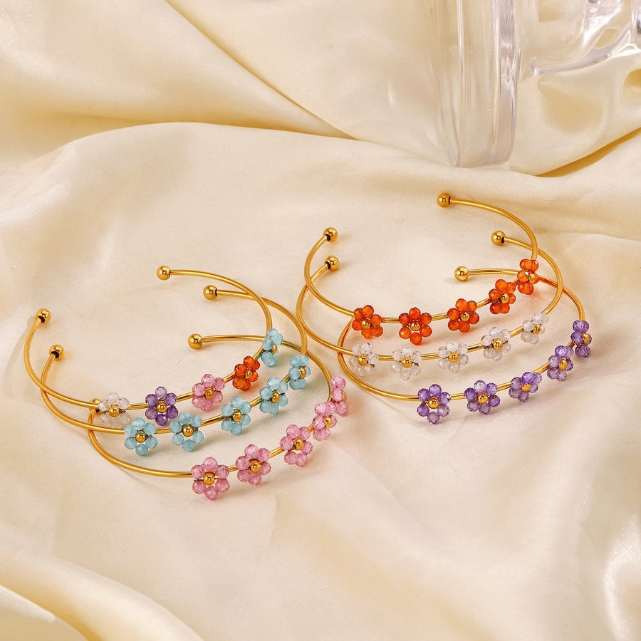 IG Style Flower 304 Stainless Steel 18K Gold Plated Zircon Bangle In Bulk